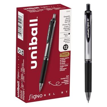 Imagem de Caneta de gel uniball Signo, retrátil, média, 0,7 mm, tinta preta, barril com detalhes metálicos, dúzias