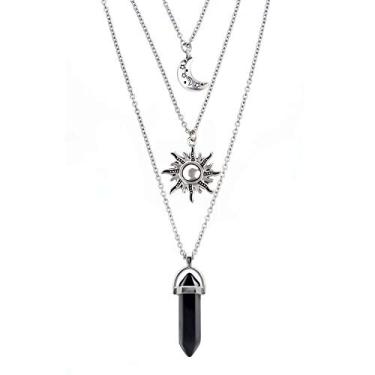 Imagem de papasgix Colares com pingente de pedra de cristal de cura hexagonal em camadas, colares com pingente de pedra ametista de quartzo pontiagudo com colar de prata com estrela da lua em camadas