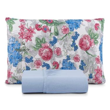 Imagem de Jogo de Lençol 100% Algodão com Fronhas, Malha Penteada 130g, Antialérgico, Vários Tamanhos (Solteiro, Floral Azul)