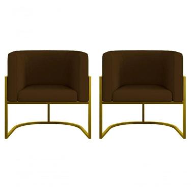 Imagem de Kit 2 Poltronas Decorativa Luxo Base De Metal Dourada Escritório Recepção Sala Suede Marrom Eli Móveis E Decoração