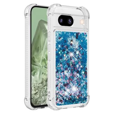 Imagem de Capa de telefone à prova de choque para Google Pixel 8a com glitter líquido de areia movediça e corações flutuantes, capa de TPU de camada dupla reforçada com 4 cantos, protetor de telefone seguro