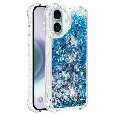 Imagem de Capa de telefone à prova de choque para iPhone 16 Plus com glitter líquido de areia movediça e corações flutuantes, capa de TPU de camada dupla reforçada com 4 cantos, protetor de telefone seguro