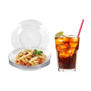 Imagem de Kit 6 Pratos Astral Fundo Com 6 Copos Vidro Resistente Vitamina 350ml 