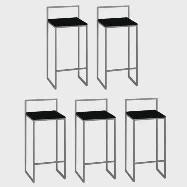 Imagem de Kit 05 Banquetas Alta Com Encosto Lino Industrial Balcão Bistrô Ferro Cinza mdf Madeira Preto - Ahz Móveis