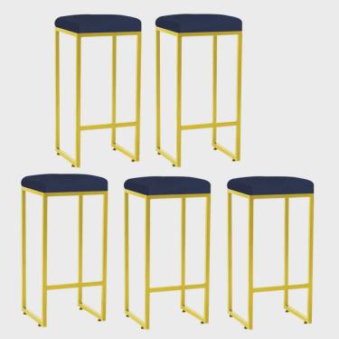 Imagem de Kit 05 Banqueta Alta Lara Para Cozinha Bar Balcão Bistrô Churrasqueira Ferro Dourado Suede Azul Marinho - Ahz Móveis