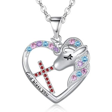 Imagem de BAOWING Colar com cruz de unicórnio para meninas, crianças, colar de cruz para meninas, colar de coração e unicórnio para meninas, adolescentes, joias de unicórnio, presentes de Páscoa para afilhado,