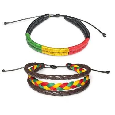 Imagem de LAVIP Leather Pulseira Hippie Rasta Xadrez Cordão Trançado Feito à Mão Reggae Estilo Havaicano Jamaicano, Cera de algodão, Sem Pedra Preciosa