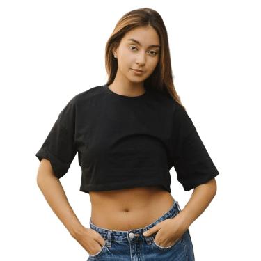Imagem de Camiseta Feminina T-shirt Cropped Basico Liso Manga Curta Oversized Confortavel Streetwear Preto-Feminino