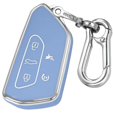 Imagem de Kirsnda Chaveiro com capa de chaveiro compatível com Volkswagen Golf Seat Leon MK4 Tarraco Ateca Octavia Enyaq ect Smart Remote Key, capa para chave de proteção TPU 5 botões prata azul