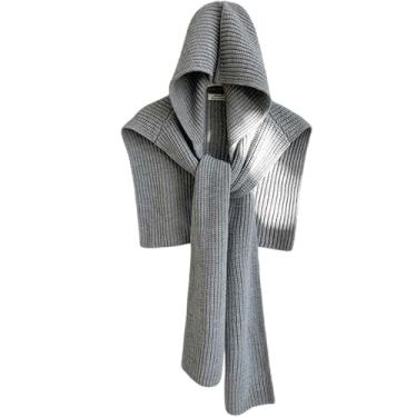 Imagem de Cachecol de tricô, cachecol com capuz, cachecol de malha cinza com capuz, balaclava quente de inverno, cachecol longo de cabeça grande para mulheres e homens, Cinza, on size