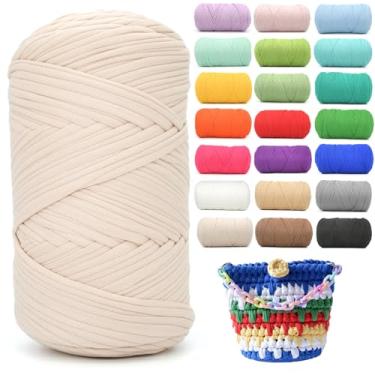 Imagem de Camiseta de 400 g para crochê, bege, tecido elástico macio, grosso, grosso, fio de crochê para crochê, tricô iniciante, tricô à mão, para bolsa/artesanato faça você mesmo/decoração de casa - bege