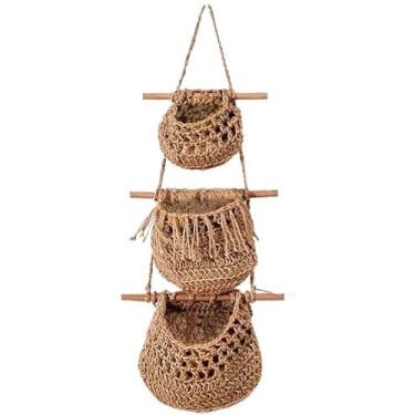 Imagem de Cesta de frutas suspensa de 3 camadas, cesta de parede de corda de juta de 80 cm para organizar cozinha, quarto e banheiro