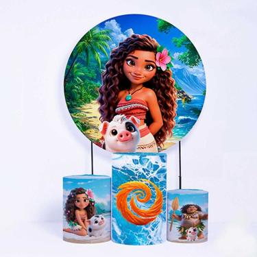 Imagem de Kit Painel de Festa Redondo de 1,30m e Trio de Cilindros Moana - Fera Print