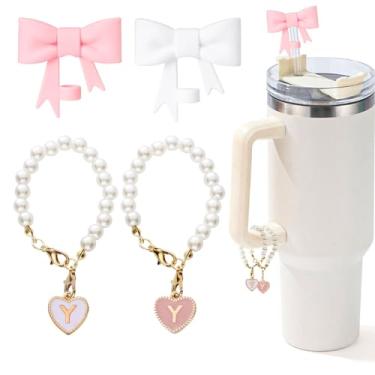 Imagem de LUHOHI Topper de palha Stanley com laço rosa, 2 peças de corrente de pérolas para acessórios de copo Stanley, alça com pingente de letra inicial com 2 peças de capas de canudo para garrafa de água