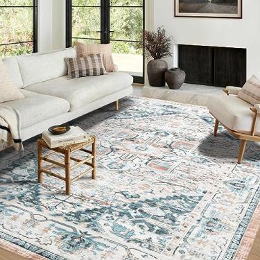 Imagem de Asrug Tapete lavável à máquina - 20 x 25 cm, antiderrapante, boho, tapete de área grande, resistente a manchas, sem derramamento, tapete de chão para quarto, cozinha, entrada, jantar, azul claro