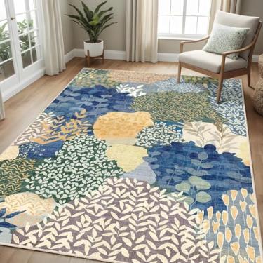 Imagem de DEXDE Tapete de área lavável, 7,5 x 12,5 cm, antiderrapante, boho, pequeno, com padrão botânico, macio, lavável à máquina, para quarto, entrada, sala de estar, cozinha, escritório, azul