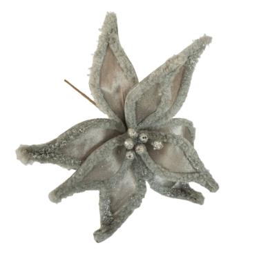 Imagem de Flor Artificial Natalina Poinsétia Veludo Prata Haste 50cm
