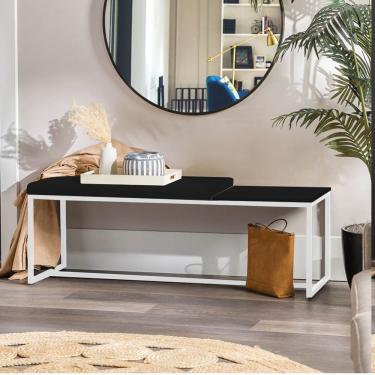 Imagem de Banco Recamier Puff 160cm Industrial Branco Corino Preto Tampo Quadrado Mdf Preto