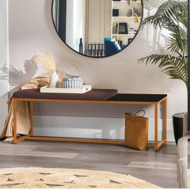 Imagem de Banco Recamier Puff 140cm Industrial Bronze Corino Marrom Tampo Quadrado Mdf Preto