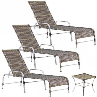 Imagem de 3 Espreguiçadeiras Catar E Mesa Piscina Jardim Regulagem Capuccino