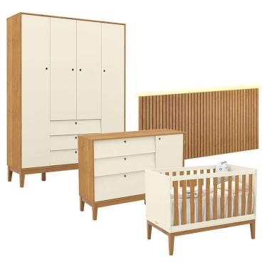 Imagem de Quarto De Bebê Unique 4 Portas Com Cômoda Sapateira E Painel Ripado Com Led Off White Freijó Eco Wood - Matic