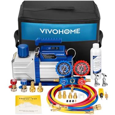 Imagem de VIVOHOME Kit de bomba de vácuo HVAC de estágio único 110V 1/4 HP 3,5CFM e medidor de coletor AC, motor sem faísca para sistemas R32 R1234yf R454B R134a R22 R410a, manutenção de ar condicionado