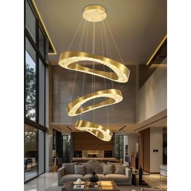 Imagem de Flashing God Lustre De Cristal Moderno Com 3 Anéis Led, Luzes Pendentes Douradas Para Quarto, Sala Jantar, Regulável Em 2700K, 4500K E 6000K