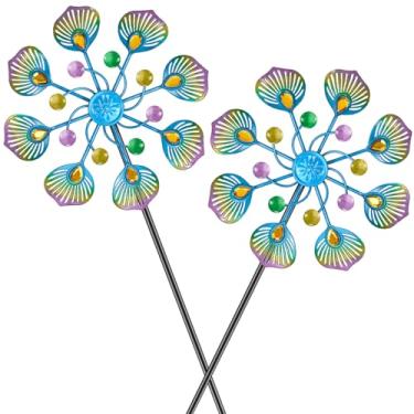 Imagem de MeyRolizn 2 Peças De Cata-Vento Para Áreas Externas, Escultura 37" Decoração Jardim, Moinho Vento Metal Pátio, Gramado E Jardim (2 - Azul Verde)