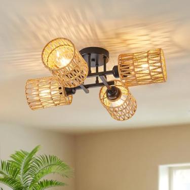 Imagem de GYNAZIX Luminária De Teto Embutida Em Rattan, Lustre Boho 4 Luzes, Tecido À Mão, Vime, Bambu Preto, Para Berçário, Sala Jantar Costeira, E26