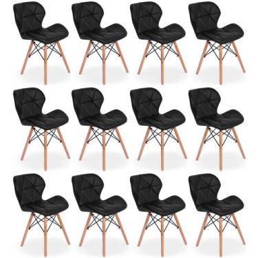 Imagem de Kit 12 Cadeiras de Jantar Charles Eames Slim Wood Estofada - Preto - M