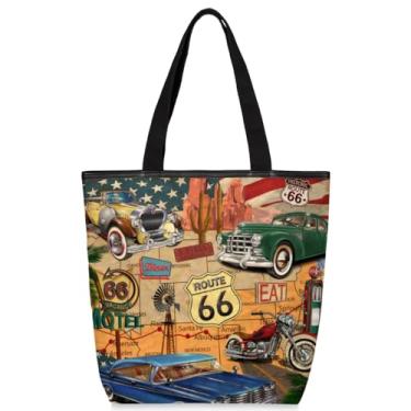 Imagem de Tavisto Sacola de lona, vintage Route 66 tema vintage lavanda mercearia sacolas de compras 28 x 34,5 x 10 cm durável, Tema Vintage Route 66, 11*4*13.6 inches