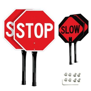Imagem de GicnKeuz Sinal Stop Slow com alça de metal, 33 x 33 cm, placa de sinalização lenta/parada dupla face, sinal de alumínio refletor de tráfego, resistente ao desbotamento/à prova d'água, fácil de montar