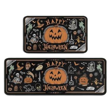 Imagem de Ghroiep Conjunto de 2 peças de tapetes de decoração de cozinha de Halloween, tapetes e tapetes de cozinha de abóbora fofos, antiderrapantes, laváveis e absorventes, acessórios de cozinha, tapetes de