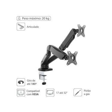 Imagem de Suporte Articulado Para 2 Monitores De 17 A 32" C/ Pistão A Gás - Sm-341b