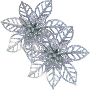 Imagem de Kit 24 Flores Prata Gliter Decoração Árvore De Natal De 14cm
