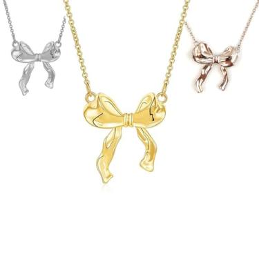 Imagem de Pacote com 3 colares com laço – dourado, prata, ouro rosa para mulheres | Conjunto de joias delicadas com laço dourado | Colares com laço moderno | Acessórios de laço fofos e presente moderno