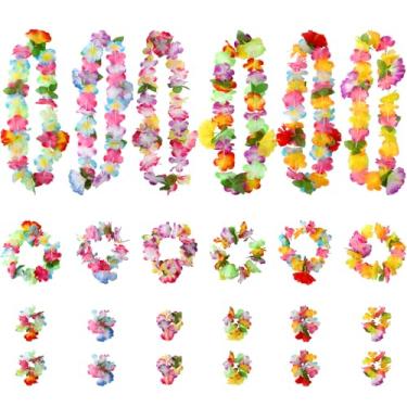 Imagem de Decoração de festa havaiana Leis Luau, 24 peças Leis para festa Luau, colar de flores tropicais coloridas do Havaí Leis e pulseiras para aniversário havaiano verão praia decorações suprimentos