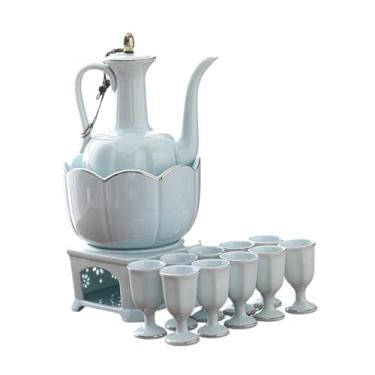Imagem de IEUDNS Conjunto de saquê de cerâmica, com 10 xícaras, garrafa de saquê, conjunto aquecedor de bebidas multifuncional, com caneca de aquecimento para chá em, Style B