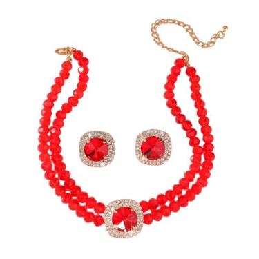Imagem de Dtja Conjunto de colar e brinco de gargantilha redonda de cristal com 2 peças, joia de declaração para mulheres, brincos de zircônia cúbica para fantasia de baile de casamento, 38 cm, 5 cores, Medium