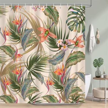 Imagem de PAOPOED Cortina de chuveiro tropical, folhas coloridas floral folha de palmeira havaiana planta botânica decoração de banheiro, cortina de banho de tecido impermeável com ganchos 152 x 183 cm