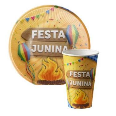 Imagem de KIT 10 Pratos 18cm e Copos 270ml Sobremesa Papel Para Festa Junina - u