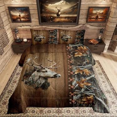 Imagem de Erosebridal Conjunto de cama de alce, casal, casa de fazenda, rústico, para crianças, meninos, meninas, floresta, animal, campo, decoração de quarto, folhas leves, estampa de árvore, edredom
