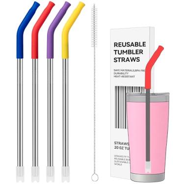 Imagem de Soledea 4 canudos de metal reutilizáveis, canudos de aço inoxidável com ponta de silicone para copo de 590 ml, canudo de substituição longo para YETI, STANLEY, US Acrylio, BJPKPK, Simple Modern e