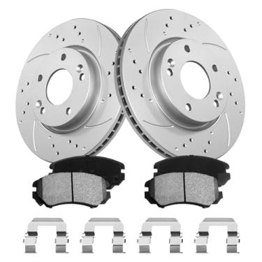 Imagem de funire Kit De Pastilhas E Rotores Freio Dianteiro Compatível Com Modelos Selecionados Da Kia Hyundai, Sportage/Sonata 05-10, Optima 06-10, Tucson, Soul, Tiburon, Perfurados Ranhurados Revestimento G