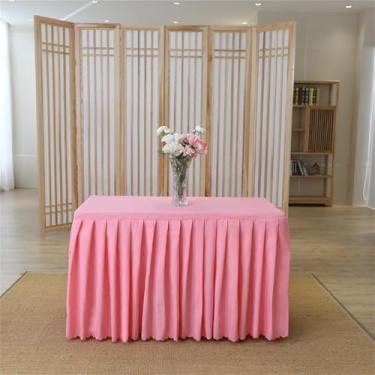 Imagem de Saia de mesa de poliéster branca, toalha de mesa para sala de reunião, toalha de mesa retangular plissada para decoração de eventos, banquetes, festas de casamento, rosa, 8 pés (96 x 30 x 30 pol.)