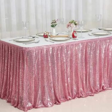 Imagem de Saia de mesa com lantejoulas vermelhas, retangular, quadrada, redonda, brilhante, toalha de mesa para festa de casamento, jantar, chá de bebê, decoração, 1 peça rosa, 70x250cm