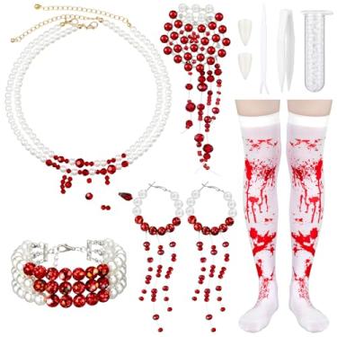 Imagem de Geyoga 7 Pcs Halloween Vampire Party Costume Set for Women, Include Gothic Style Dripping Blood Pearl Necklace Jewelry Set, over the Knee Blood Stained Bloody Socks, Vampire Fangs Teeth, for Cosplay