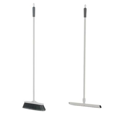 Imagem de Kit Vassoura Macia + Rodo Borracha Dupla Cabo Aço Inox Grande P/Limpeza Doméstica Chão Piso Casa Linha Flow - OU