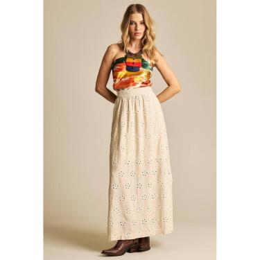 Imagem de Saia Longa De Linho Evasê Bege Bordada Yacamim I8-Feminino