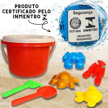 Imagem de Baldinho de Praia Vermelho Infantil Completo Brinquedo Com Moldes Form